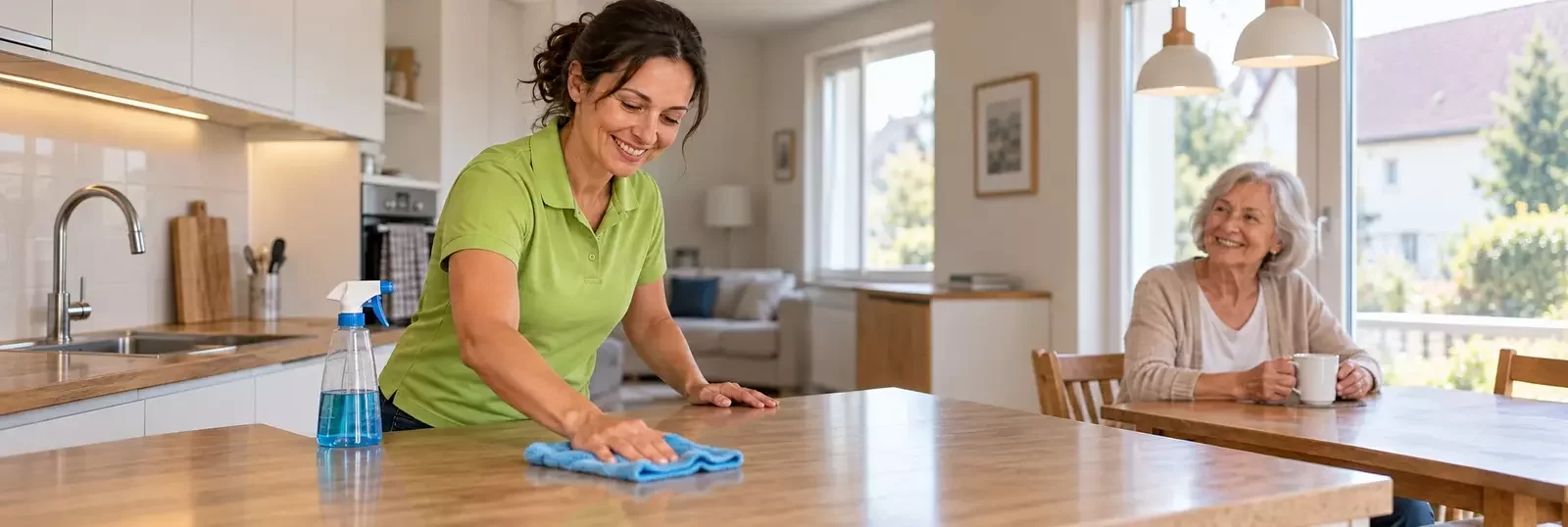 Haushaltshilfe wischt die Küchenarbeitsfläche mit einem blauen Tuch, während eine ältere Frau entspannt am Tisch sitzt.